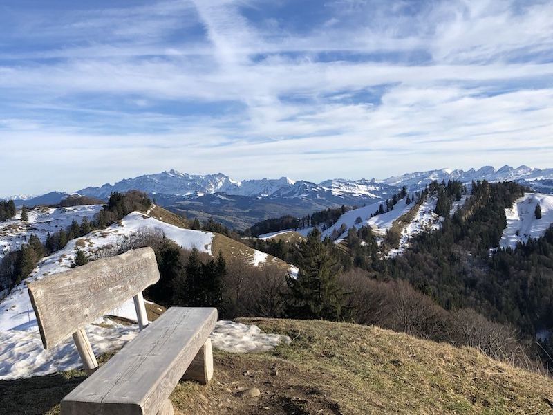 11_Die Chrüzegg mit ihrer schönen Gipfelbank. Im Hintergrund Säntis und Churfirsten, rechts der Tweralpspitz