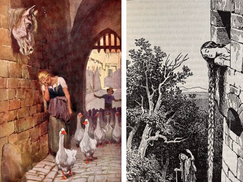 Traurige Gänsemagd im Tor, gefangene Rapunzel in ihrem Turmgemach