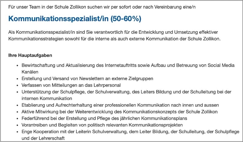 Stelleninserat Schule Zollikon