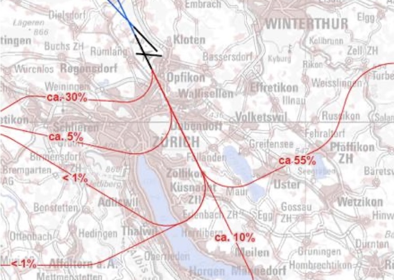 Südstarts geradeaus führen auch über den Zollikerberg (Grafik: Bazl)