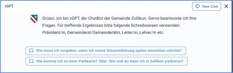 So begrüsst einen der Chatbot auf der Gemeindewebsite