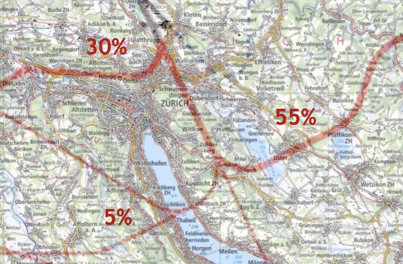 70 Prozent der Südstarts führen geradeaus über den Zollikerberg (Grafik: zVg)