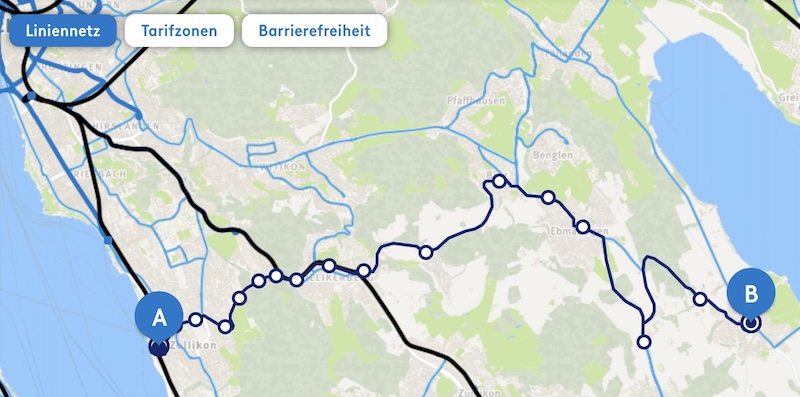 Bus 910: Nur zwischen Zollikon Bahnhof und Maur unterwegs (Karte: ZVV)