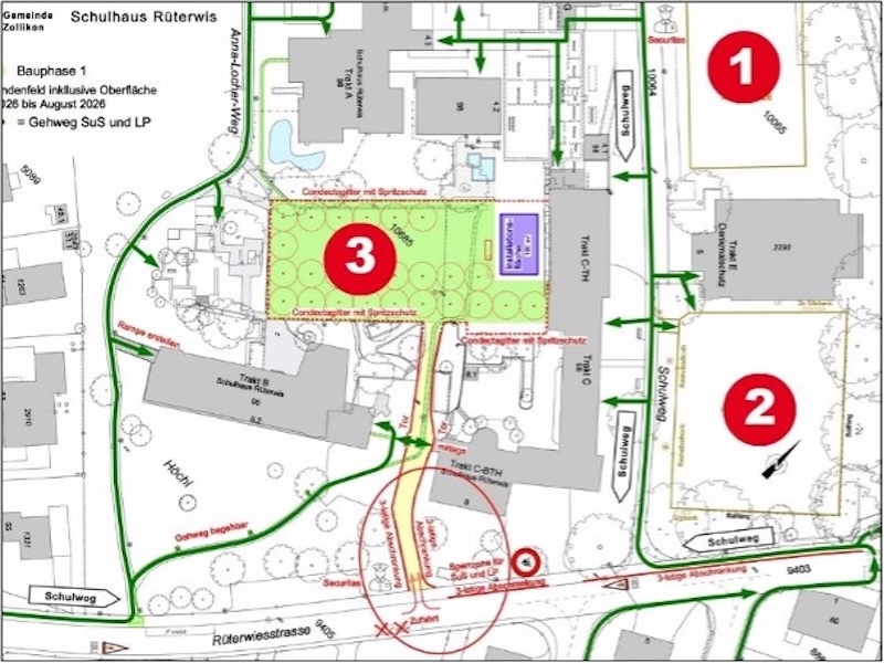1: prov. Betreuungshaus – 2: prov. Pausenplatz – 3: Erdsondenbohrung (Grafik: zVg/ZN)