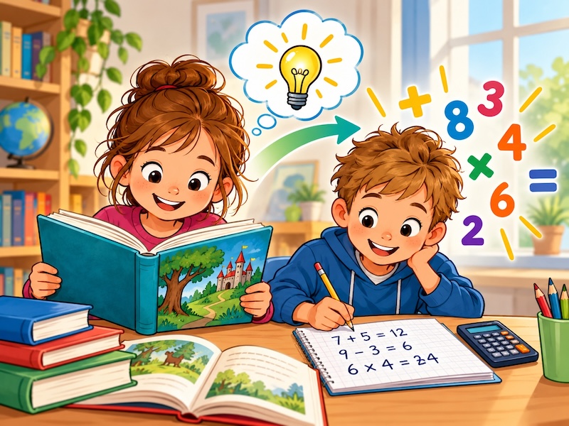 Lesenden Kindern geht auch im Rechnen ein Licht auf (Illustration: KI-generiert)